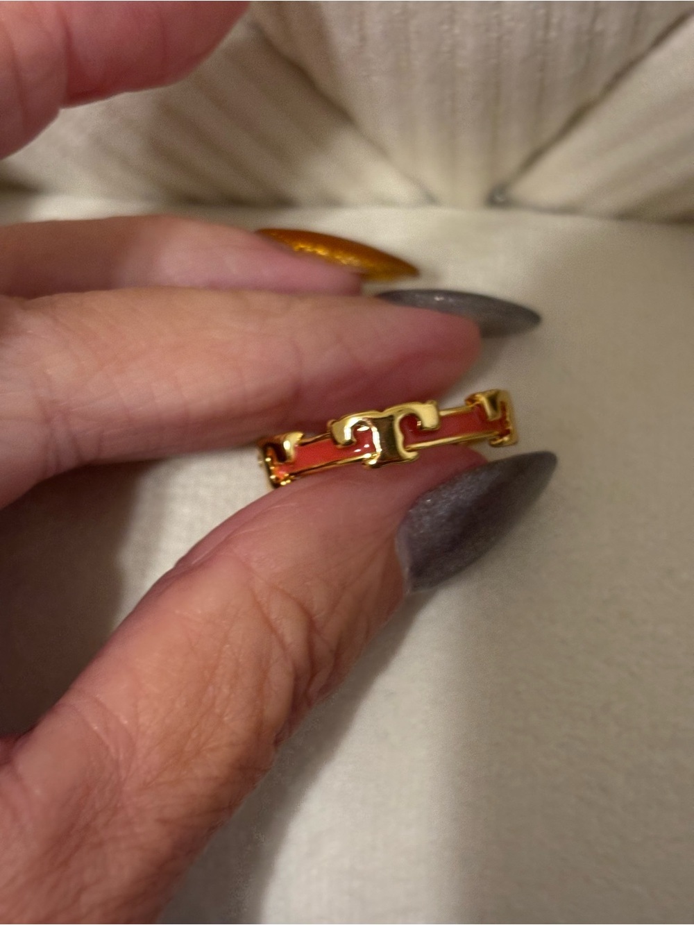 Gold Tone Coral Enamel Link Ring - Women Jewelry
